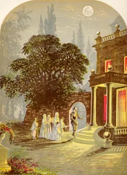 Los peregrinos llegando a la posada, de El progreso del peregrino de John Bunyan, publicado c.1880